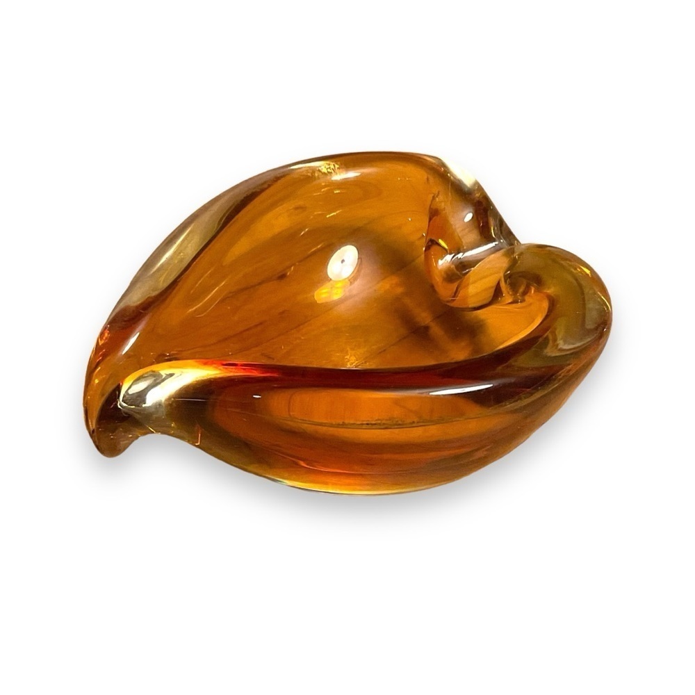 Vintage MCM Murano Art Glass Amber Heart Ashtray Trinket Candy Dish Paperweight‎